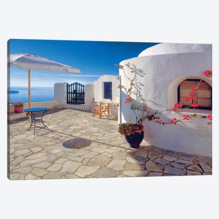 Greece, Santorini, Oia. House balcony with ocean view.  Canvas Print #JYG246} by Jaynes Gallery Canvas Wall Art