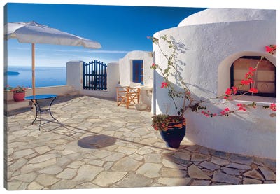 Greece, Santorini, Oia. House balcony with ocean view.  Canvas Art Print - Greece Art