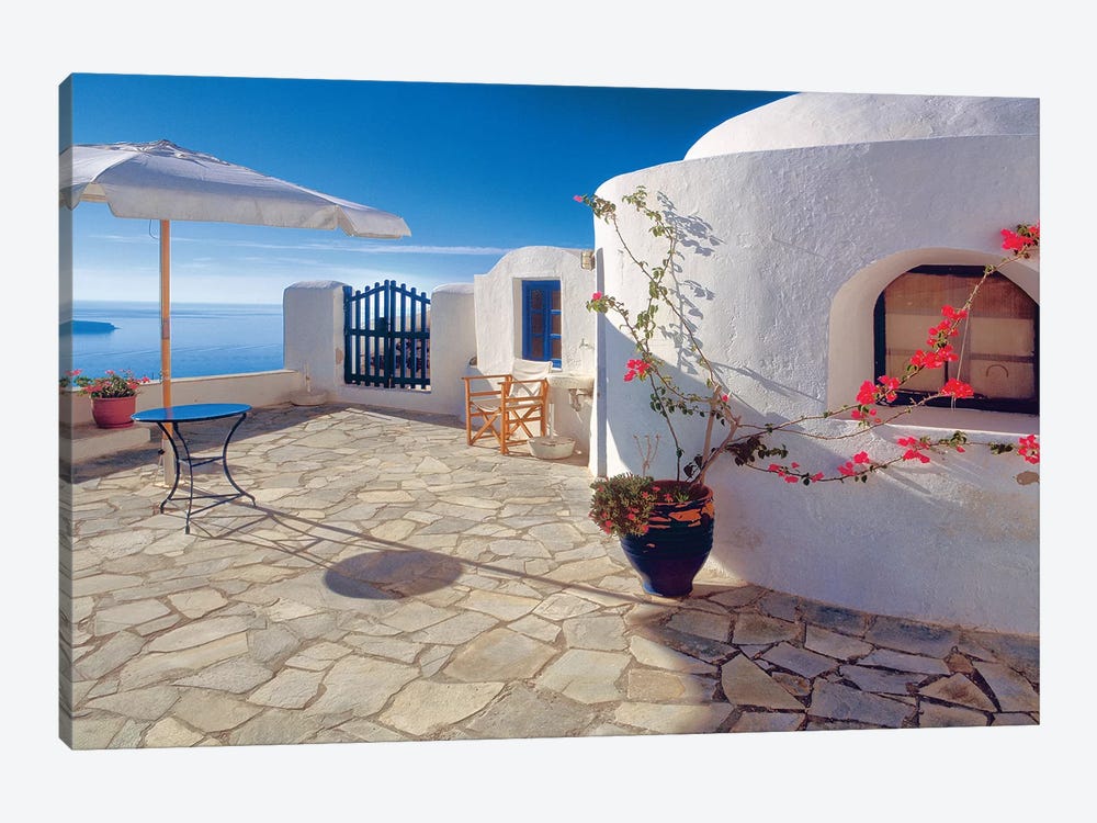Greece, Santorini, Oia. House balcony with ocean view.  1-piece Art Print