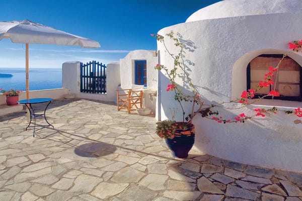 Mediterranean Décor: Greece, Santorini, Oia. House balcony with ocean view.  by Jaynes Gallery