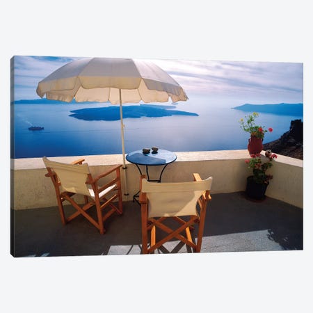 Greece, Santorini, Oia. House balcony with ocean view.  Canvas Print #JYG247} by Jaynes Gallery Canvas Wall Art