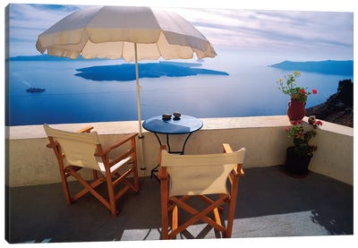 Greece, Santorini, Oia. House balcony with ocean view.  Canvas Art Print - Furniture