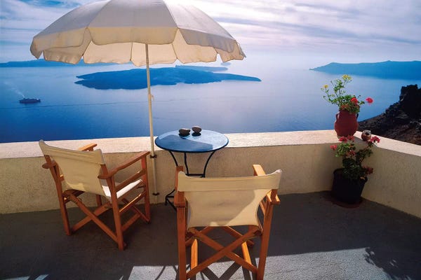 Furniture: Greece, Santorini, Oia. House balcony with ocean view.  by Jaynes Gallery
