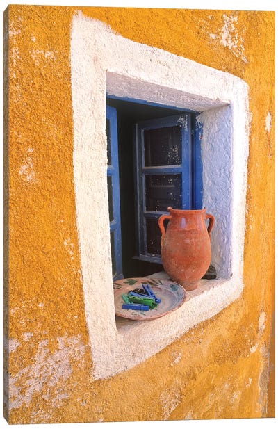 Greece, Santorini, Oia. Pottery in window.  Canvas Art Print - Jaynes Gallery