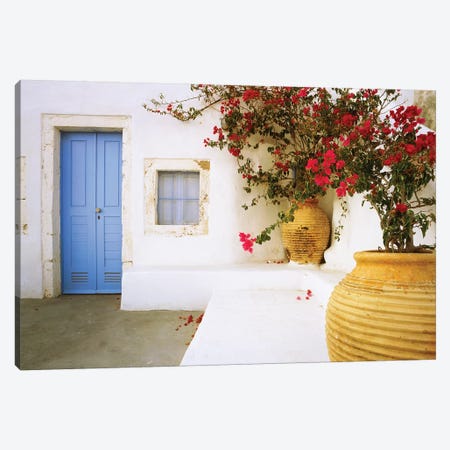 Greece, Santorini. Blue door to house and potted flowers.  Canvas Print #JYG249} by Jaynes Gallery Canvas Print