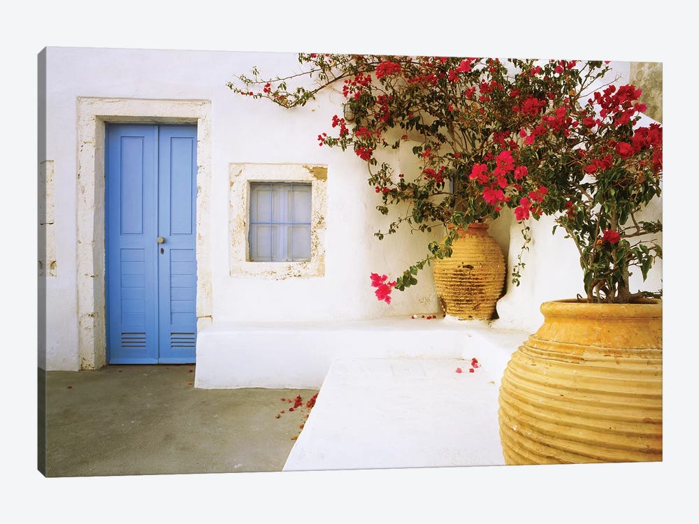 Greece, Santorini. Blue door to house and potted flowers.  by Jaynes Gallery 1-piece Canvas Wall Art