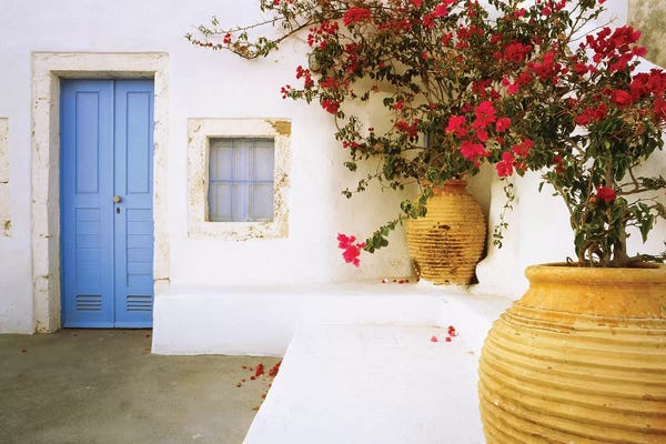 Greece, Santorini. Blue door to house and potted flowers.