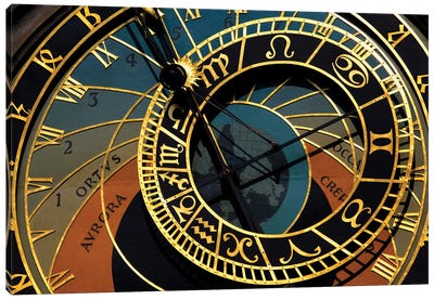 Czech Republic, Prague. Close-up of astronomical clock in Old Town Square. Canvas Art Print - Clock Art