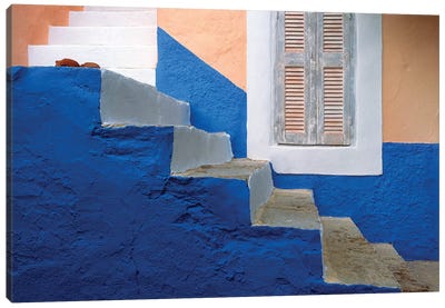 Greece, Symi. Blue and white stairway.  Canvas Art Print - Stairs & Staircases