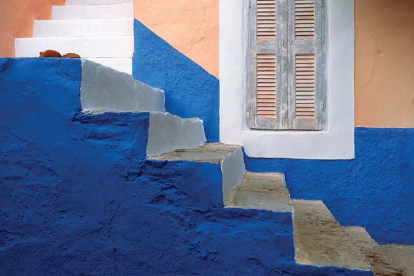Staircases: Greece, Symi. Blue and white stairway.  by Jaynes Gallery