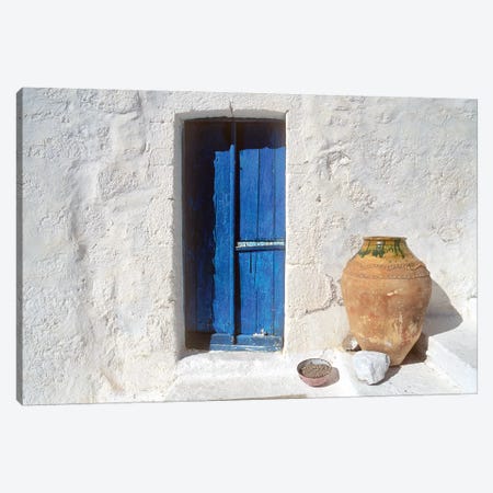 Greece, Symi. Blue door and pot.  Canvas Print #JYG251} by Jaynes Gallery Canvas Wall Art