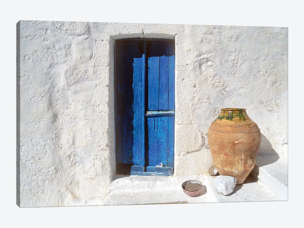 Greece, Symi. Blue door and pot.  by Jaynes Gallery 1-piece Canvas Print