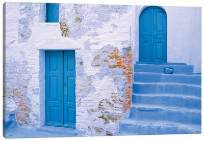 Greece, Symi. Blue doors and stairway of house.  Canvas Art Print - Stairs & Staircases