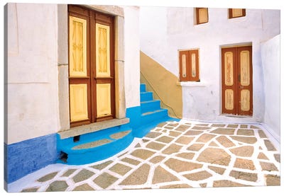 Greece, Symi. Doors to courtyard and stairway of house.  Canvas Art Print - Mediterranean Décor