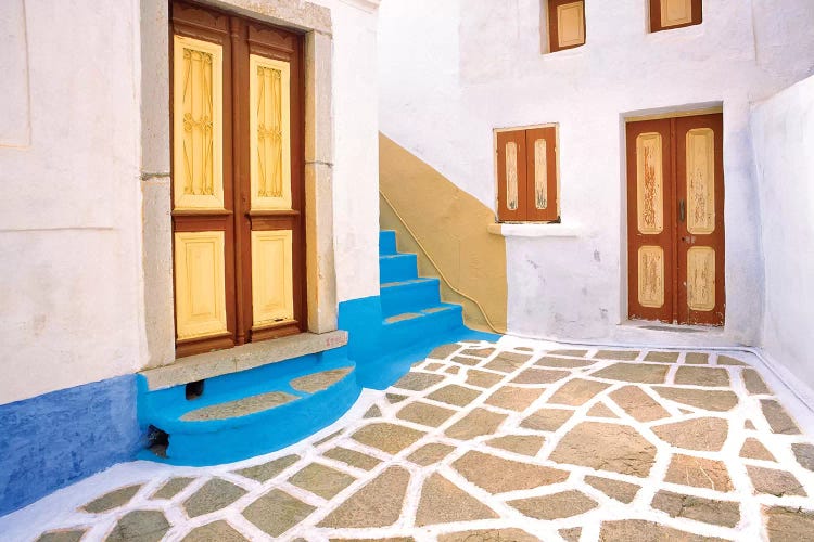 Greece, Symi. Doors to courtyard and stairway of house. 