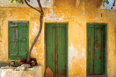 Greece, Symi. Yellow house with green doors. Jim Nilsen, Jaynes Gallery, nobody, travel, tourism by Jaynes Gallery framed canvas print