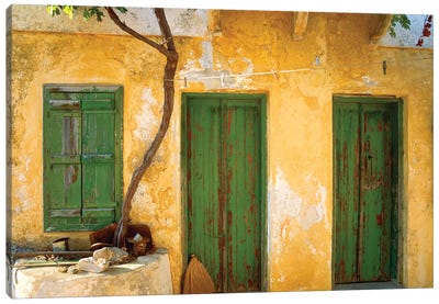 Greece, Symi. Yellow house with green doors. Jim Nilsen, Jaynes Gallery, nobody, travel, tourism Canvas Art Print - Door Art