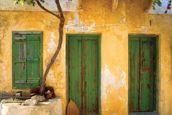 Doors: Greece, Symi. Yellow house with green doors. Jim Nilsen, Jaynes Gallery, nobody, travel, tourism by Jaynes Gallery