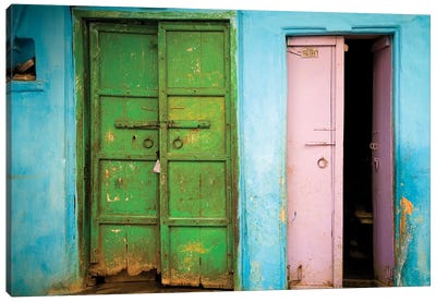 India, Rajasthan. Weathered house door.  Canvas Art Print - Indian Décor