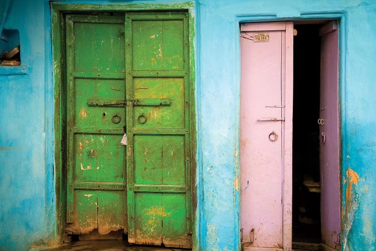 India, Rajasthan. Weathered house door. 