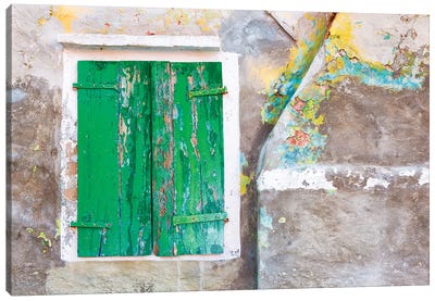 Italy, Burano. Close-up of weathered window shutters.  Canvas Art Print - Veneto Art