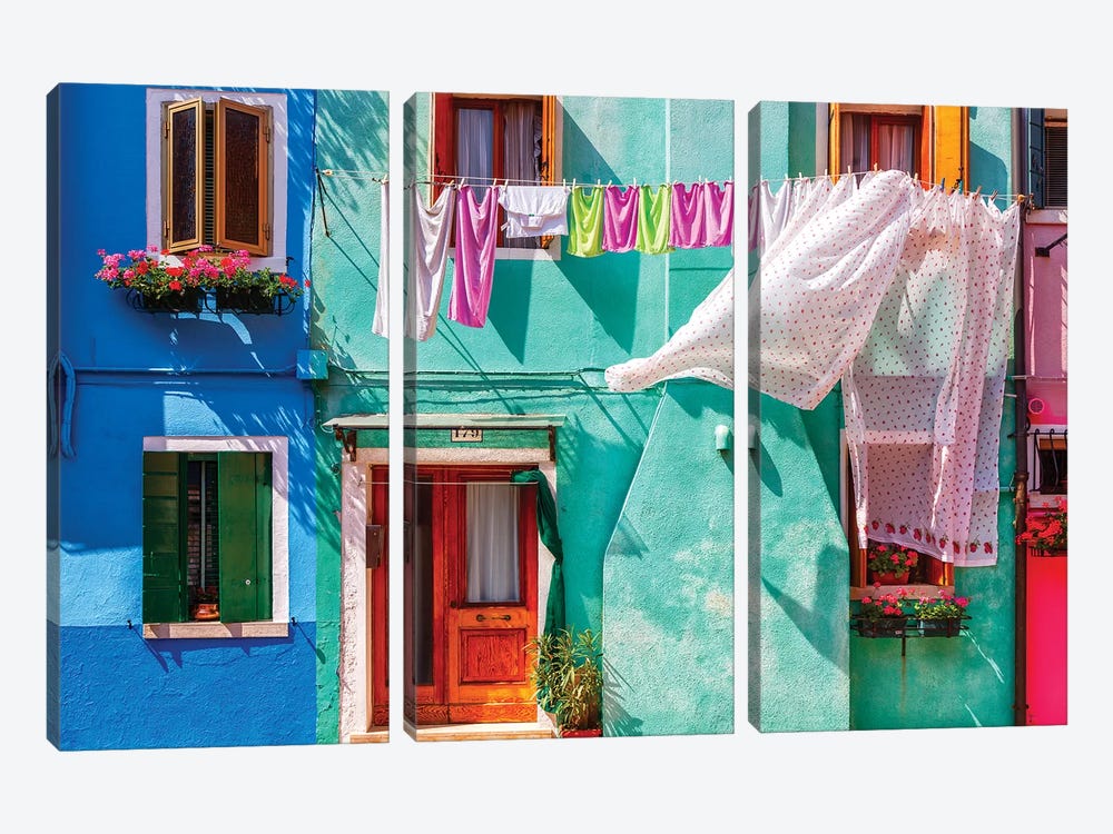 Italy, Burano. Colorful house exterior.  by Jaynes Gallery 3-piece Canvas Wall Art
