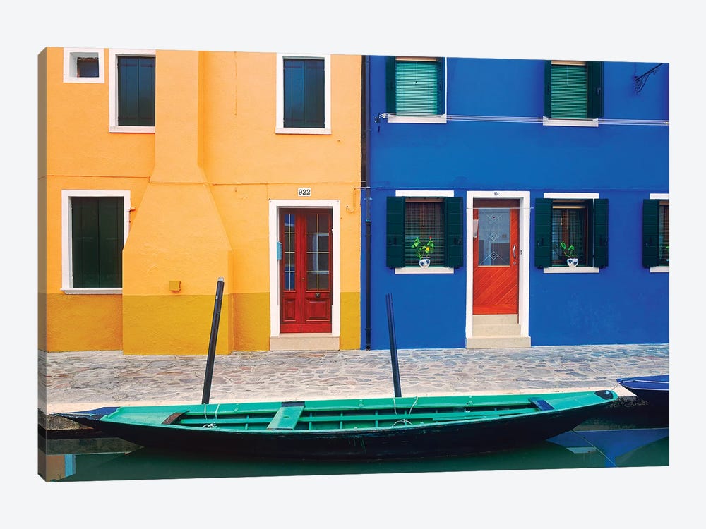 Italy, Burano. Colorful house exteriors and boat in canal.  by Jaynes Gallery 1-piece Canvas Art