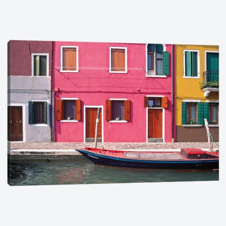 Italy, Burano. Colorful house exteriors and boat in canal.  Canvas Print #JYG266} by Jaynes Gallery Canvas Art