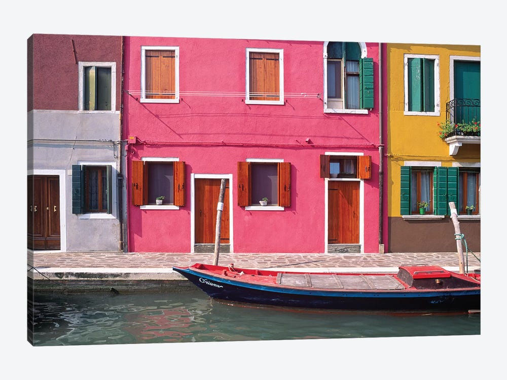 Italy, Burano. Colorful house exteriors and boat in canal.  by Jaynes Gallery 1-piece Art Print