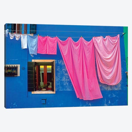 Italy, Burano. Drying laundry and colorful window and wall.  Canvas Print #JYG273} by Jaynes Gallery Canvas Artwork