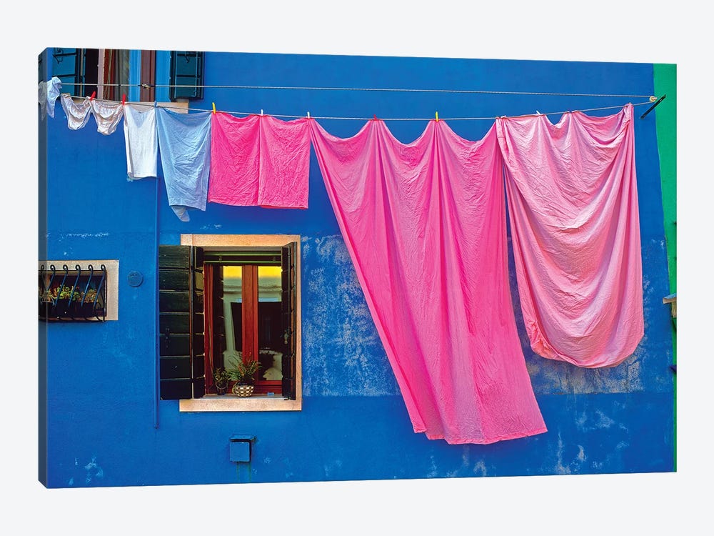 Italy, Burano. Drying laundry and colorful window and wall.  by Jaynes Gallery 1-piece Canvas Art Print