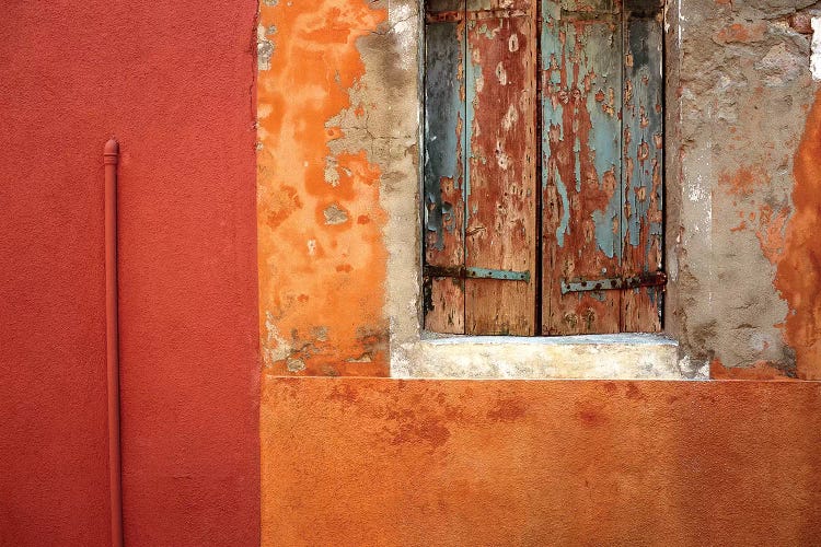 Italy, Burano. Weathered house window and wall. 