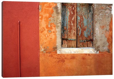 Italy, Burano. Weathered house window and wall.  Canvas Art Print - Burano