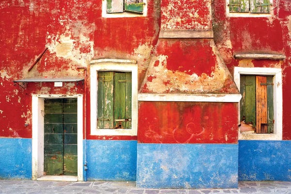 Italy, Burano. Weathered window and walls.