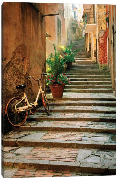 Italy, Cinque Terre, Monterosso. Bicycle and uphill stairway.  Canvas Art Print - Architecture Art