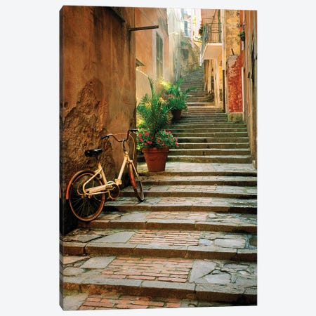 Italy, Cinque Terre, Monterosso. Bicycle and uphill stairway.  Canvas Print #JYG276} by Jaynes Gallery Canvas Print