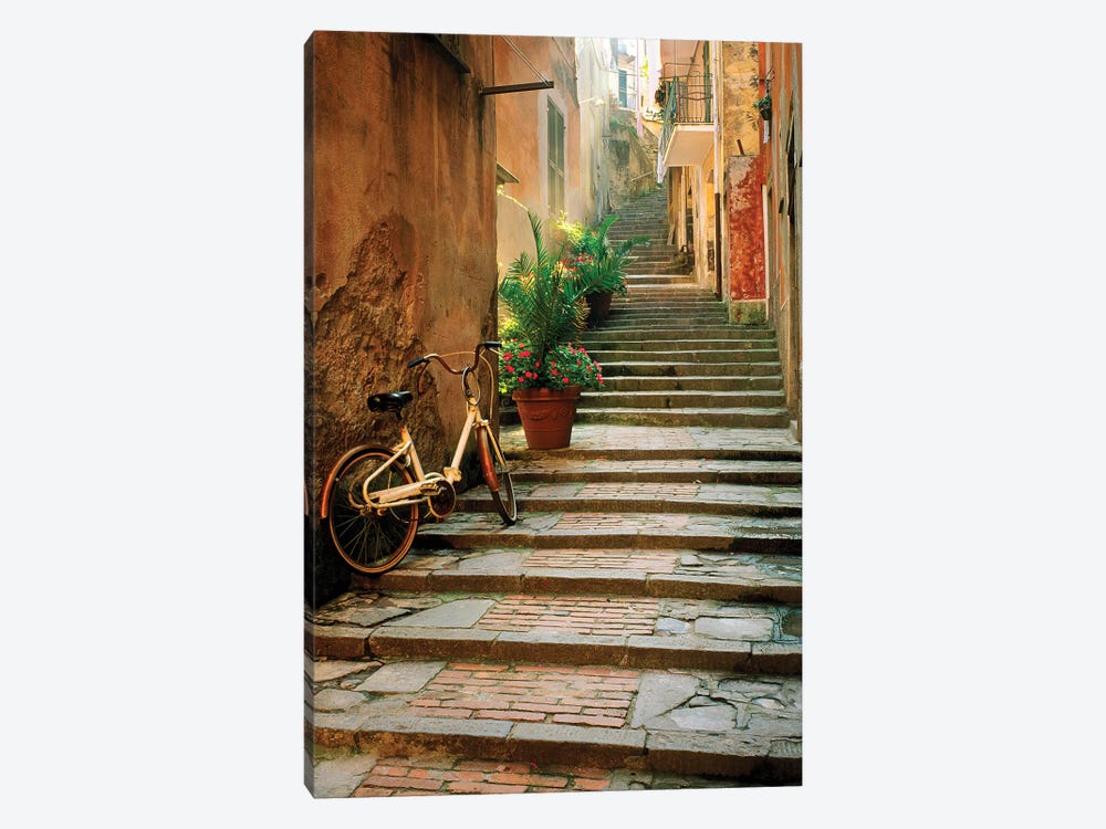 Italy, Cinque Terre, Monterosso. Bicycle and uphill stairway.  by Jaynes Gallery 1-piece Canvas Art