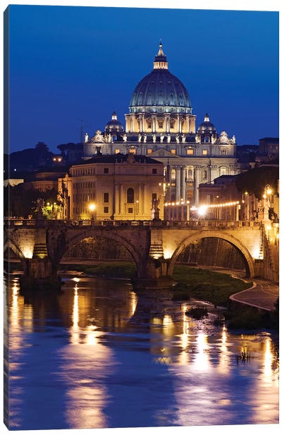 Italy, Rome, St. Peters Basilica, Tiber River night scene. Canvas Art Print - Jaynes Gallery