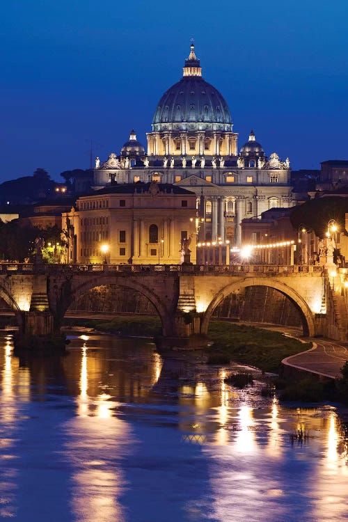 Italy, Rome, St. Peters Basilica, Tiber River night scene.