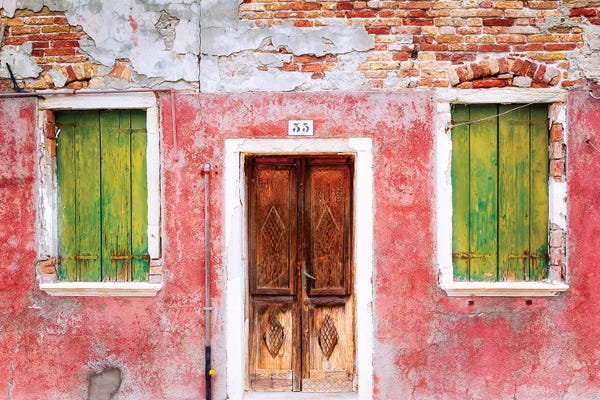 Doors: Italy, Veneto, Burano. Weathered house exterior.  by Jaynes Gallery