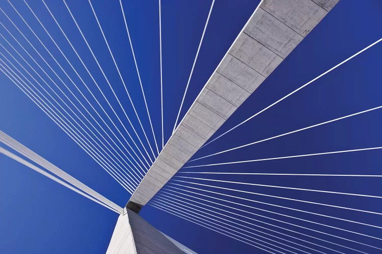 USA, South Carolina, Charleston. Looking up at Arthur Ravenel Jr. Bridge structure.