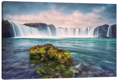 Iceland, Godafoss. Waterfall at sunrise. Canvas Art Print - Waterfall Art