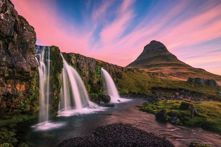 Iceland, Kirkjufellsfoss. Waterfall at sunrise.