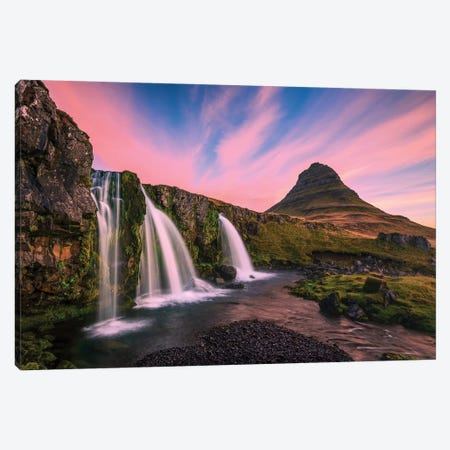Iceland, Kirkjufellsfoss. Waterfall at sunrise. Canvas Print #JYG38} by Jaynes Gallery Canvas Art Print