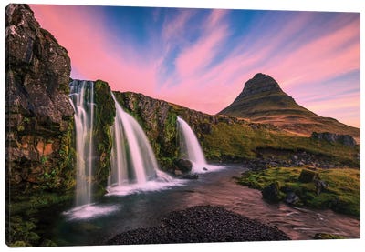 Iceland, Kirkjufellsfoss. Waterfall at sunrise. Canvas Art Print - Iceland Art