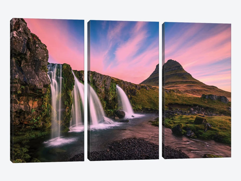 Iceland, Kirkjufellsfoss. Waterfall at sunrise. by Jaynes Gallery 3-piece Canvas Wall Art