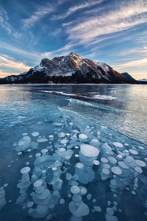 Canada, Alberta, Abraham Lake. Ice bubbles in lake at sunset.