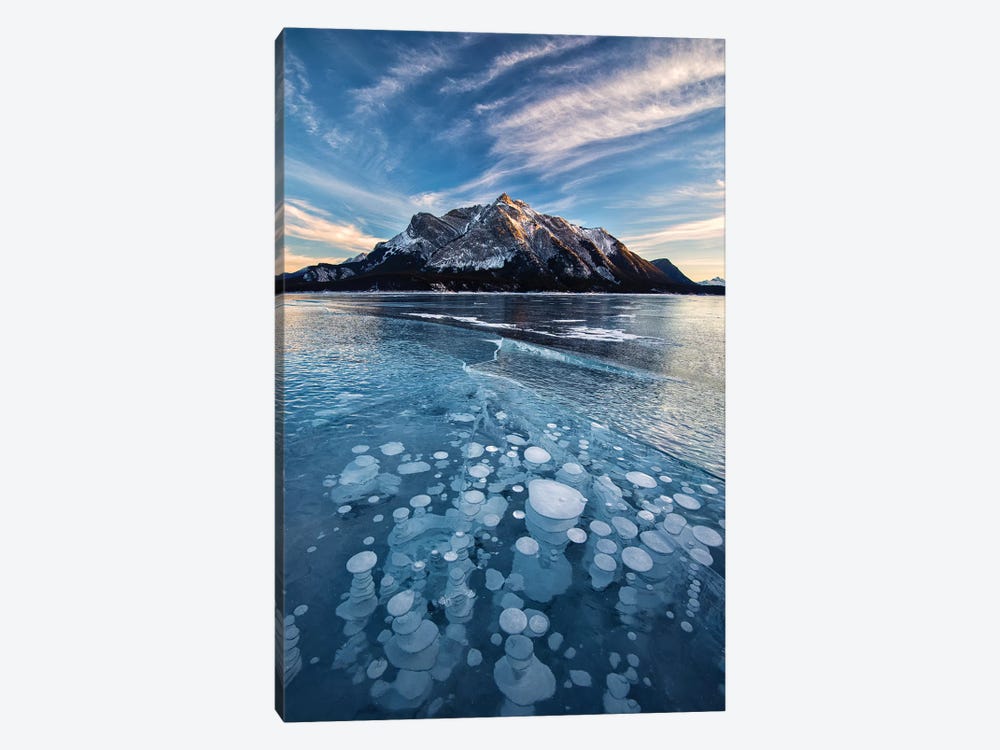 Canada, Alberta, Abraham Lake. Ice bubbles in lake at sunset. by Jaynes Gallery 1-piece Canvas Art