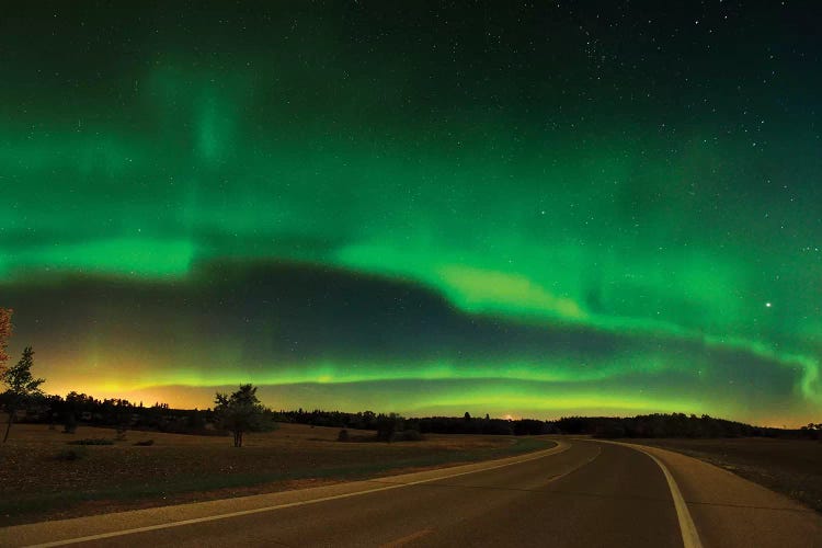 Canada, Manitoba, Birds Hill Provincial Park. Aurora borealis and road.