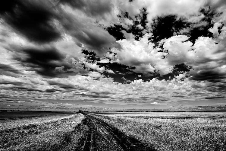 Canada, Manitoba, Grande Pointe. Black and white of clouds and road through field.